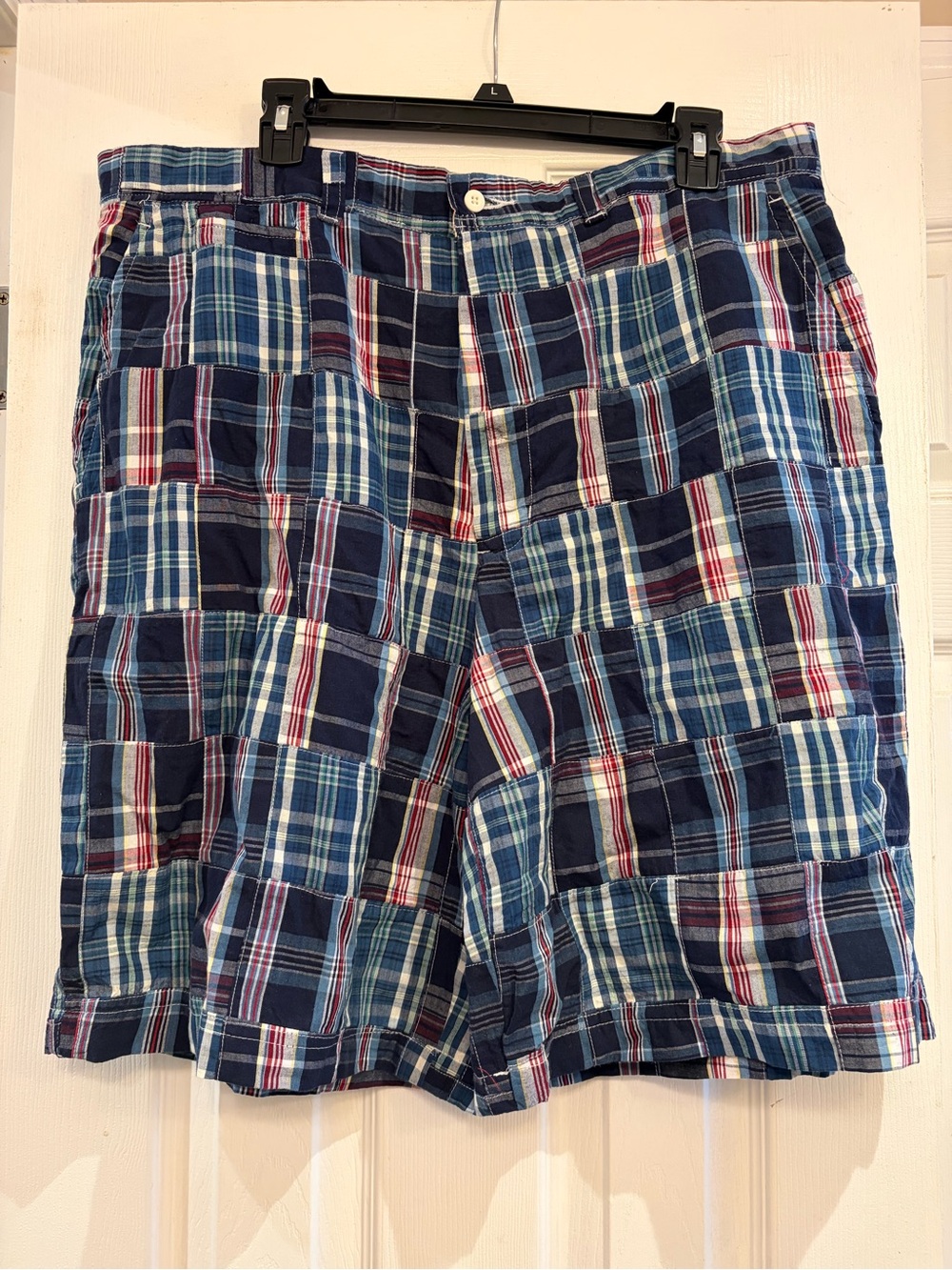 Men's Plaid Patchwork Flat Front Shorts - Blue Red White